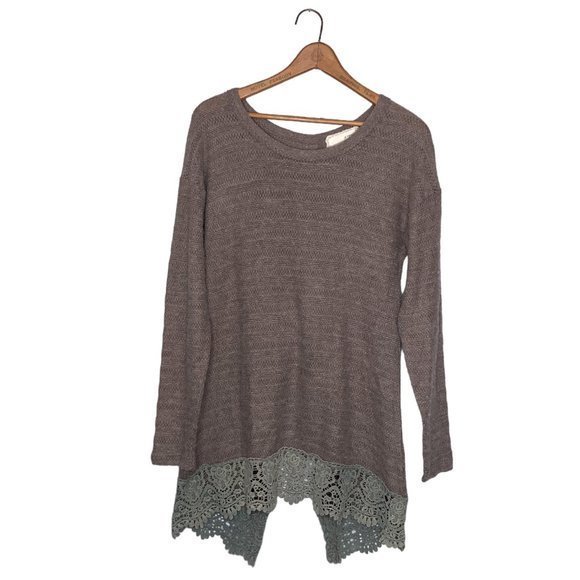Anthropologie S A'reve Brown Wool Blend Knit Bow Back Crochet Lace‎ Trim Sweater - Picture 2 of 4